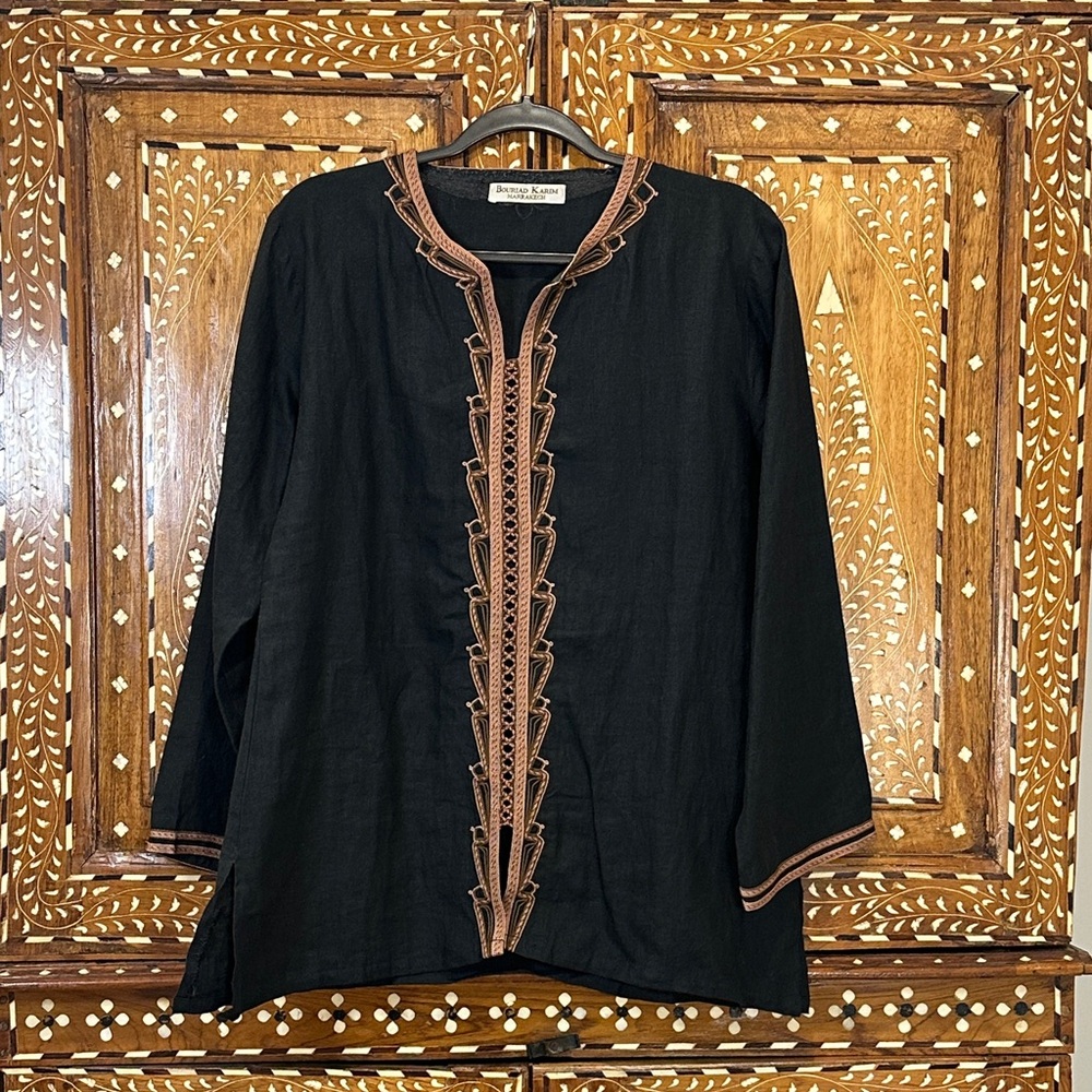 Moroccan Black Linen Tunic with Brown  Handmade Design